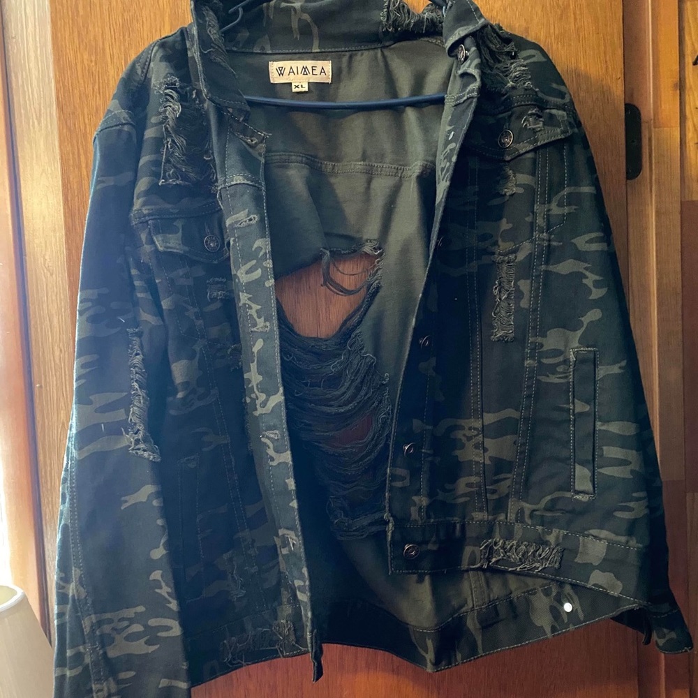 Camo distressed jean jacket
